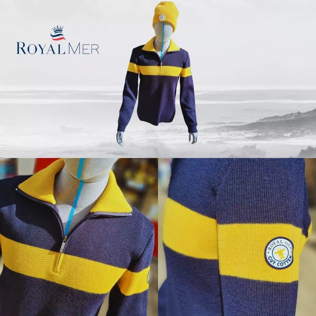 pull camionneur 100% laine royal mer guy cotten marine rayé jaune détails