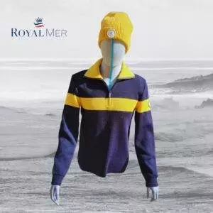 pull camionneur 100% laine royal mer guy cotten marine rayé jaune