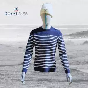 pull marin rayé 100% laine royal mer klasel marine ecru